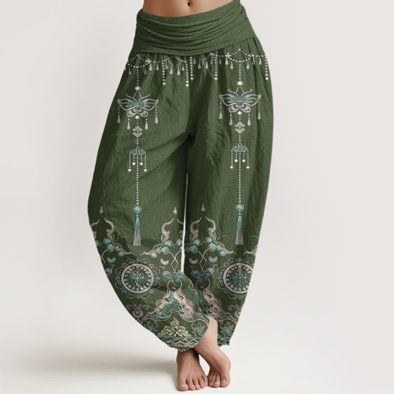Buddha Stones Pantaloni harem da donna in cotone con elastico in vita, motivo classico con farfalle, fiori e nappe. - Verde Mare Scuro - US16, UK/AU20, EU48 (3XL) - image 0