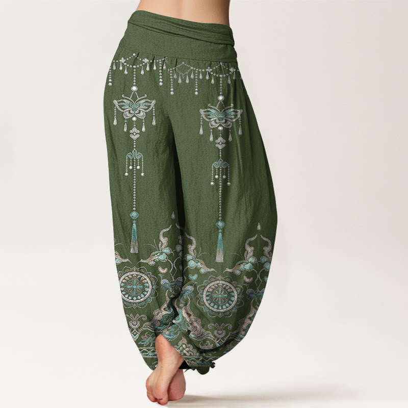 Buddha Stones Pantaloni harem da donna in cotone con elastico in vita, motivo classico con farfalle, fiori e nappe. - image 1