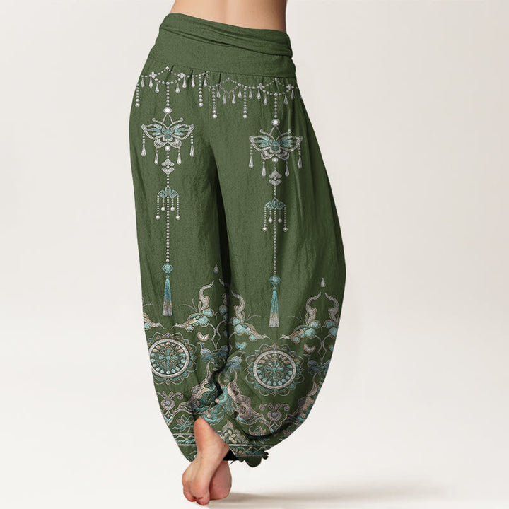 Buddha Stones Pantaloni harem da donna in cotone con elastico in vita, motivo classico con farfalle, fiori e nappe. - image 1