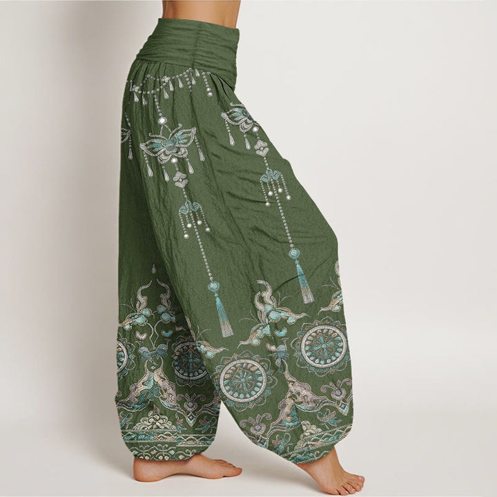 Buddha Stones Pantaloni harem da donna in cotone con elastico in vita, motivo classico con farfalle, fiori e nappe. - image 2
