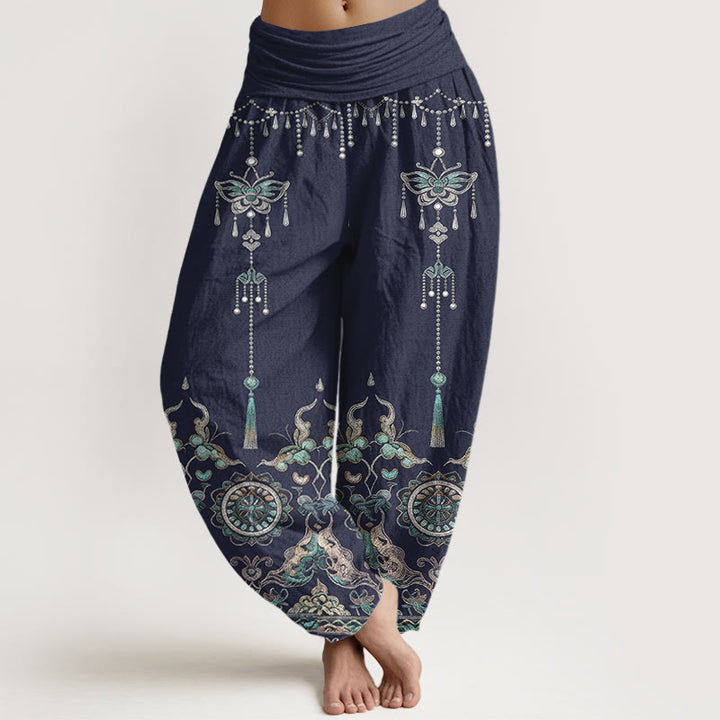 Buddha Stones Pantaloni harem da donna in cotone con elastico in vita, motivo classico con farfalle, fiori e nappe. - SteelBlue - US16, UK/AU20, EU48 (3XL) - image 5