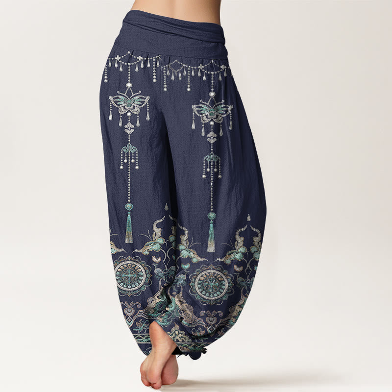 Buddha Stones Pantaloni harem da donna in cotone con elastico in vita, motivo classico con farfalle, fiori e nappe. - image 6