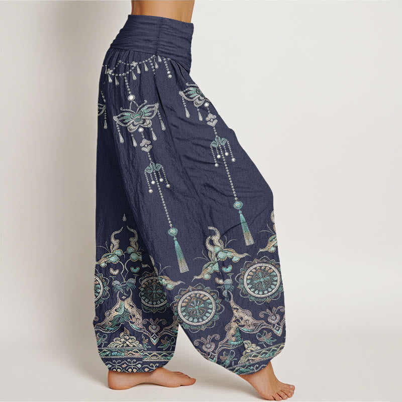 Buddha Stones Pantaloni harem da donna in cotone con elastico in vita, motivo classico con farfalle, fiori e nappe. - image 7