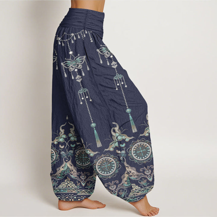 Buddha Stones Pantaloni harem da donna in cotone con elastico in vita, motivo classico con farfalle, fiori e nappe. - image 7
