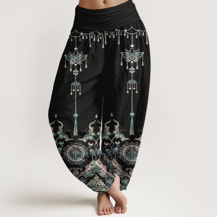 Buddha Stones Pantaloni harem da donna in cotone con elastico in vita, motivo classico con farfalle, fiori e nappe. - Nero - US16, UK/AU20, EU48 (3XL) - image 8