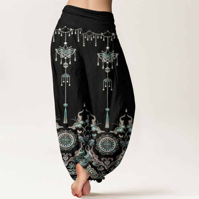 Buddha Stones Pantaloni harem da donna in cotone con elastico in vita, motivo classico con farfalle, fiori e nappe. - image 9
