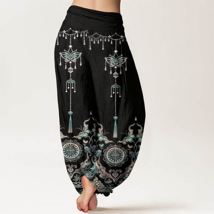 Buddha Stones Pantaloni harem da donna in cotone con elastico in vita, motivo classico con farfalle, fiori e nappe. - image 9