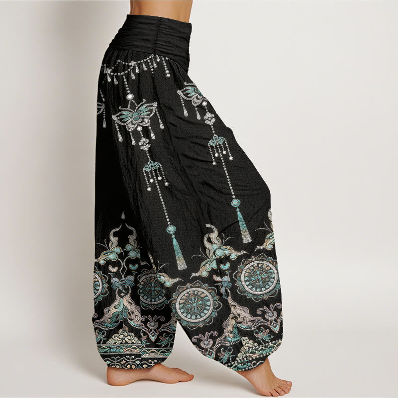 Buddha Stones Pantaloni harem da donna in cotone con elastico in vita, motivo classico con farfalle, fiori e nappe. - image 10