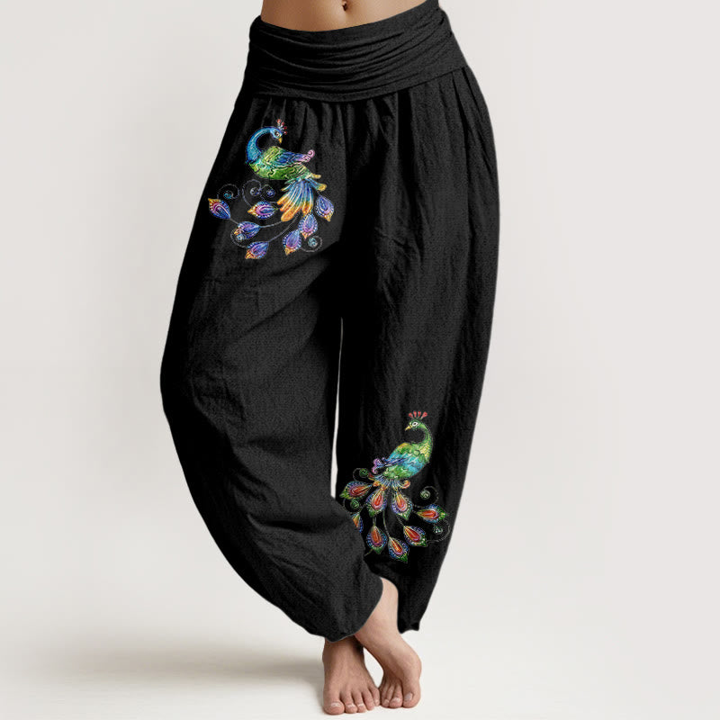 Buddha Stones Pantaloni harem da donna in cotone con fantasia pavone colorata e vita elasticizzata. - Nero - US16, UK/AU20, EU48 (3XL) - image 0