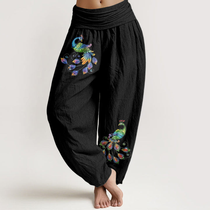 Buddha Stones Pantaloni harem da donna in cotone con fantasia pavone colorata e vita elasticizzata. - Nero - US16, UK/AU20, EU48 (3XL) - image 0