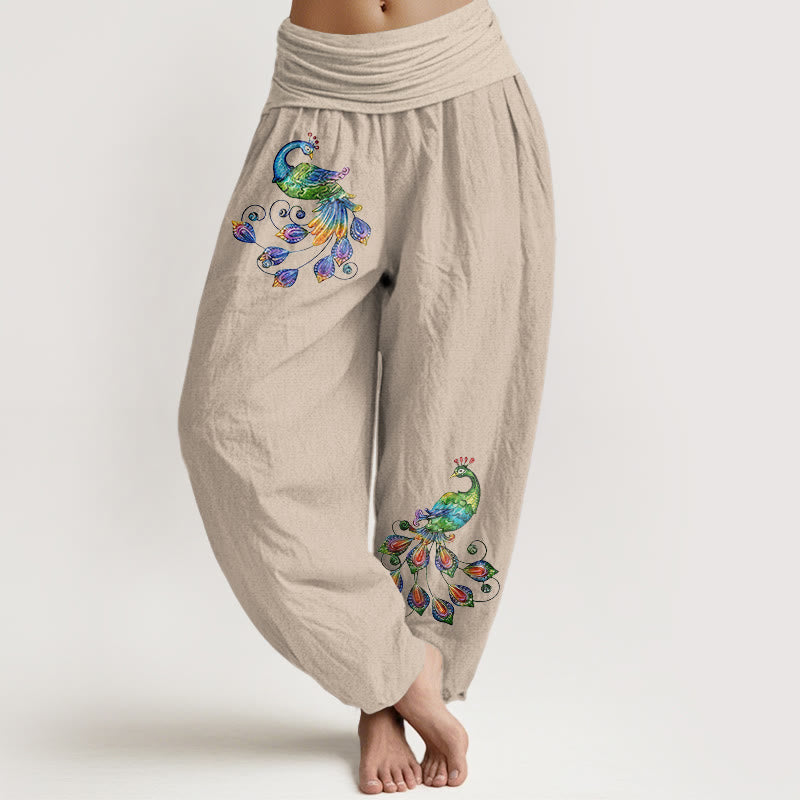 Buddha Stones Pantaloni harem da donna in cotone con fantasia pavone colorata e vita elasticizzata. - Tan - US16, UK/AU20, EU48 (3XL) - image 11