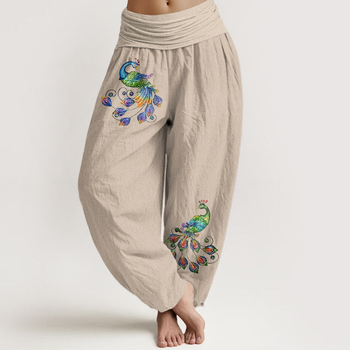 Buddha Stones Pantaloni harem da donna in cotone con fantasia pavone colorata e vita elasticizzata. - Tan - US16, UK/AU20, EU48 (3XL) - image 11