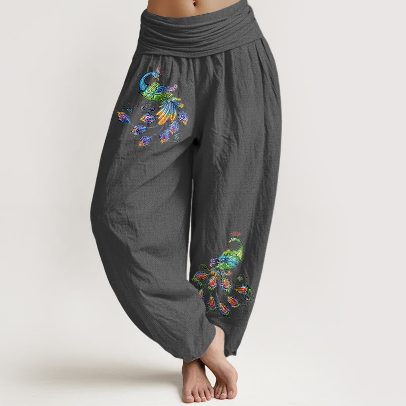 Buddha Stones Pantaloni harem da donna in cotone con fantasia pavone colorata e vita elasticizzata. - Grigio tenue - US16, UK/AU20, EU48 (3XL) - image 8