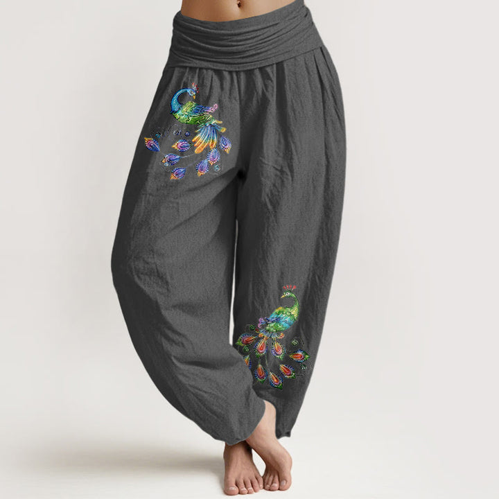 Buddha Stones Pantaloni harem da donna in cotone con fantasia pavone colorata e vita elasticizzata. - Grigio tenue - US16, UK/AU20, EU48 (3XL) - image 8