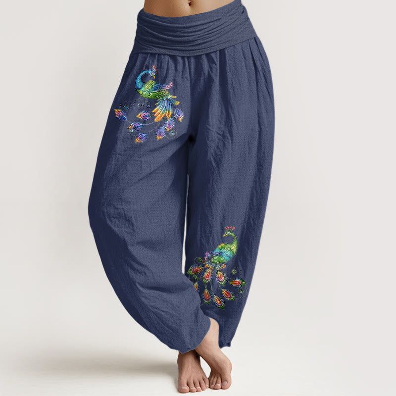 Buddha Stones Pantaloni harem da donna in cotone con fantasia pavone colorata e vita elasticizzata. - Blu ardesia scuro - US16, UK/AU20, EU48 (3XL) - image 5