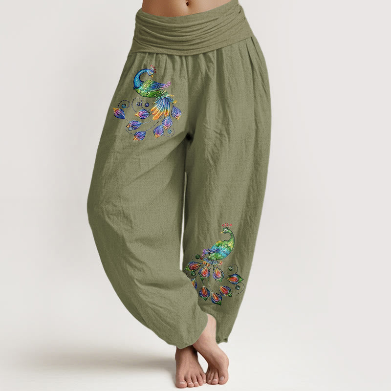 Buddha Stones Pantaloni harem da donna in cotone con fantasia pavone colorata e vita elasticizzata. - Verde oliva - US16, UK/AU20, EU48 (3XL) - image 14