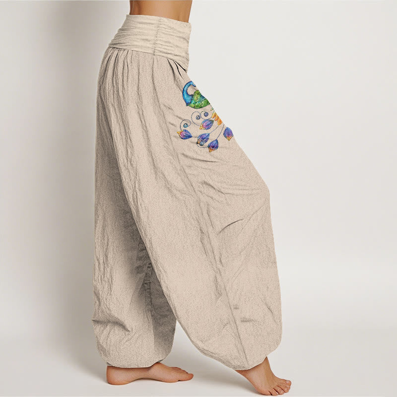 Buddha Stones Pantaloni harem da donna in cotone con fantasia pavone colorata e vita elasticizzata. - image 13