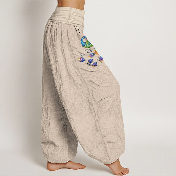 Buddha Stones Pantaloni harem da donna in cotone con fantasia pavone colorata e vita elasticizzata. - image 13