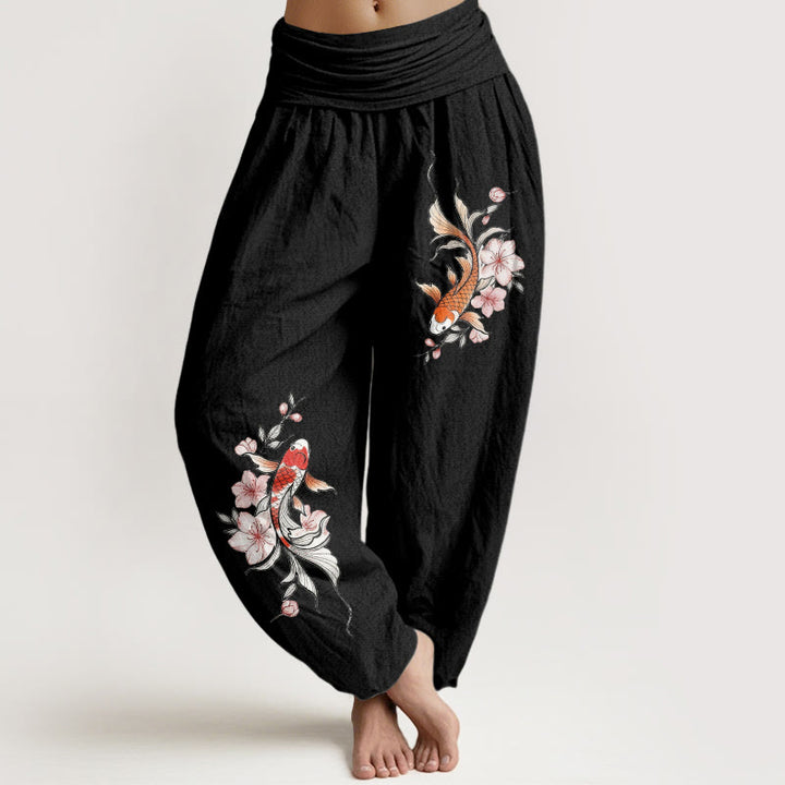 Buddha Stones Pantaloni harem da donna in cotone con elastico in vita e fantasia di carpe koi e fiori di pesco rosa. - Nero - US16, UK/AU20, EU48 (3XL) - image 5