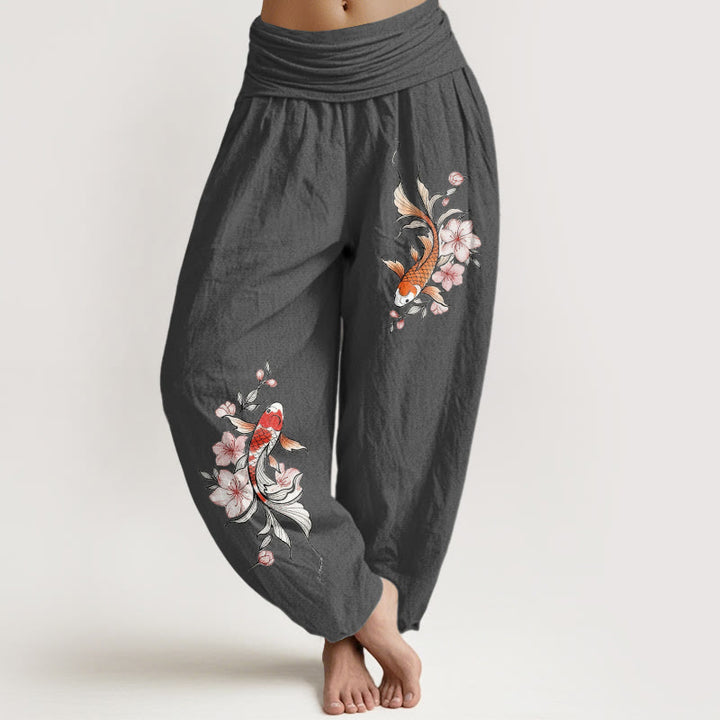 Buddha Stones Pantaloni harem da donna in cotone con elastico in vita e fantasia di carpe koi e fiori di pesco rosa. - Grigio tenue - US16, UK/AU20, EU48 (3XL) - image 8