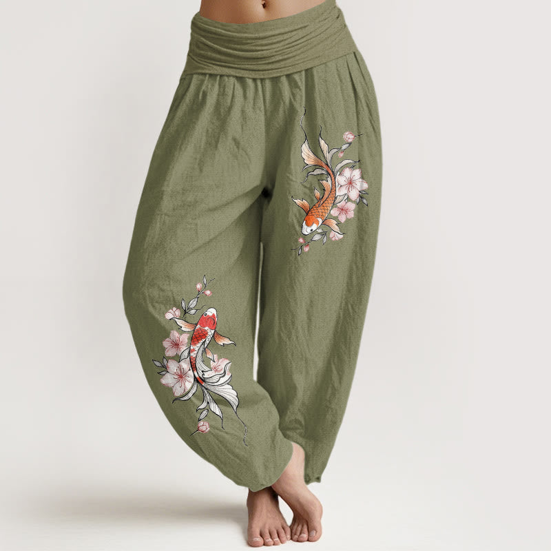 Buddha Stones Pantaloni harem da donna in cotone con elastico in vita e fantasia di carpe koi e fiori di pesco rosa. - Verde oliva - US16, UK/AU20, EU48 (3XL) - image 14