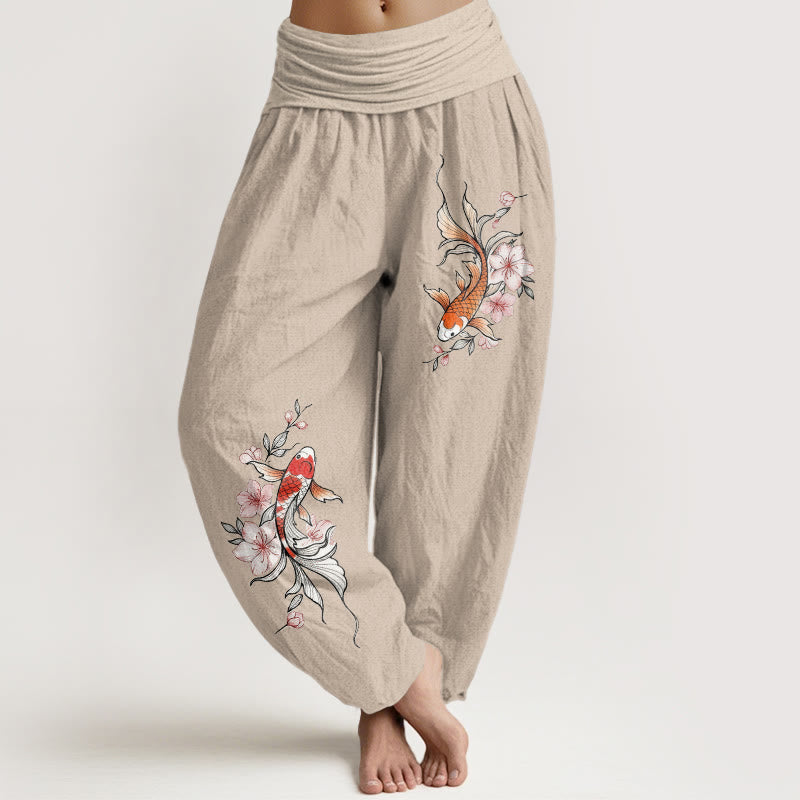 Buddha Stones Pantaloni harem da donna in cotone con elastico in vita e fantasia di carpe koi e fiori di pesco rosa. - Tan - US16, UK/AU20, EU48 (3XL) - image 11