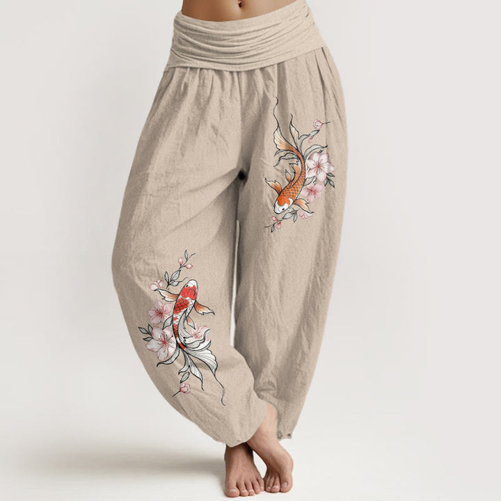 Buddha Stones Pantaloni harem da donna in cotone con elastico in vita e fantasia di carpe koi e fiori di pesco rosa. - Tan - US16, UK/AU20, EU48 (3XL) - image 11