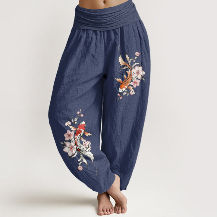 Buddha Stones Pantaloni harem da donna in cotone con elastico in vita e fantasia di carpe koi e fiori di pesco rosa. - Blu ardesia scuro - US16, UK/AU20, EU48 (3XL) - image 0