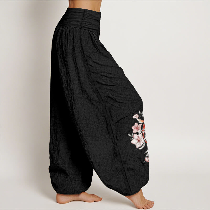 Buddha Stones Pantaloni harem da donna in cotone con elastico in vita e fantasia di carpe koi e fiori di pesco rosa. - image 7