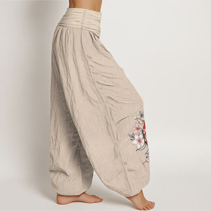 Buddha Stones Pantaloni harem da donna in cotone con elastico in vita e fantasia di carpe koi e fiori di pesco rosa. - image 13