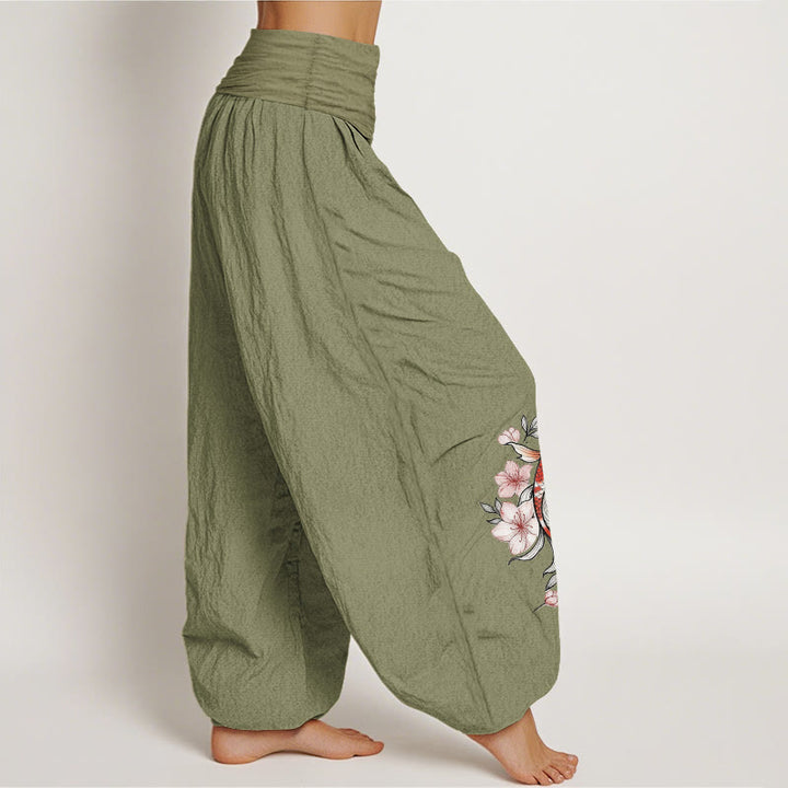 Buddha Stones Pantaloni harem da donna in cotone con elastico in vita e fantasia di carpe koi e fiori di pesco rosa. - image 16