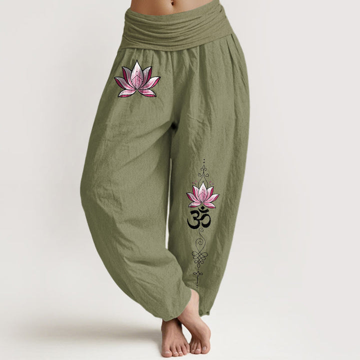 Buddha Stones Pantaloni harem da donna in cotone rosa con motivo loto OM e vita elasticizzata - Verde oliva - US16, UK/AU20, EU48 (3XL) - image 14