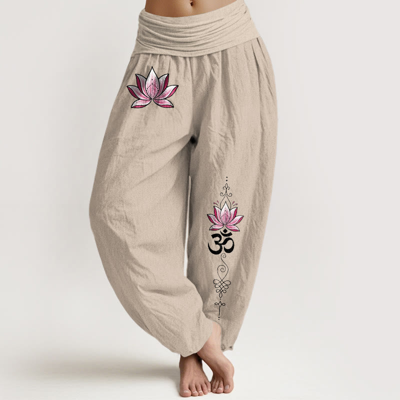 Buddha Stones Pantaloni harem da donna in cotone rosa con motivo loto OM e vita elasticizzata - Tan - US16, UK/AU20, EU48 (3XL) - image 0
