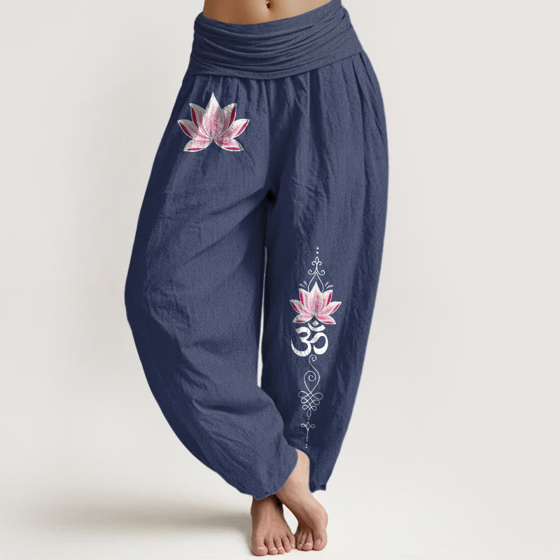 Buddha Stones Pantaloni harem da donna in cotone rosa con motivo loto OM e vita elasticizzata - Blu ardesia scuro - US16, UK/AU20, EU48 (3XL) - image 8