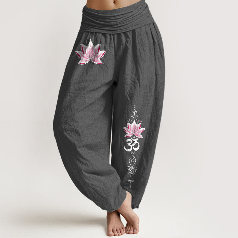 Buddha Stones Pantaloni harem da donna in cotone rosa con motivo loto OM e vita elasticizzata - Grigio tenue - US16, UK/AU20, EU48 (3XL) - image 11