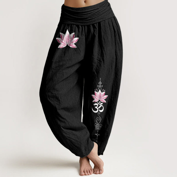 Buddha Stones Pantaloni harem da donna in cotone rosa con motivo loto OM e vita elasticizzata - Nero - US16, UK/AU20, EU48 (3XL) - image 5