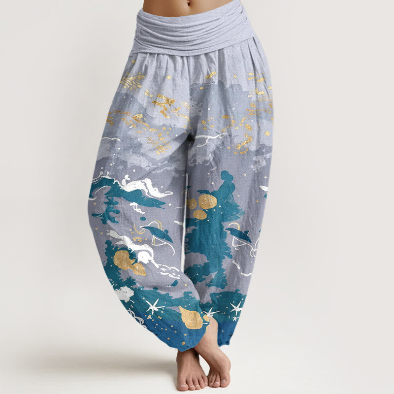 Buddha Stones Pantaloni harem da donna in cotone con motivo a onde e cielo, con elastico in vita. - Blu acciaio chiaro - US16, UK/AU20, EU48 (3XL) - image 0