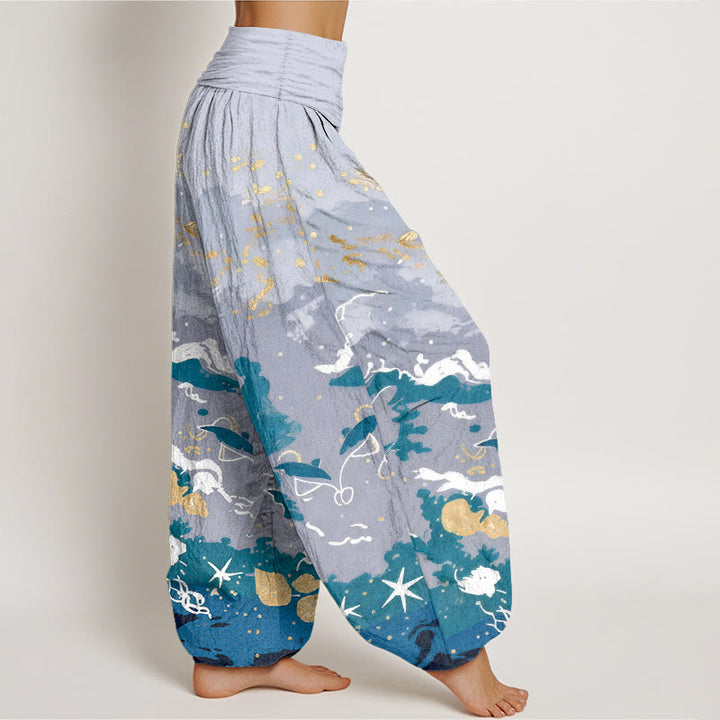 Buddha Stones Pantaloni harem da donna in cotone con motivo a onde e cielo, con elastico in vita. - image 2