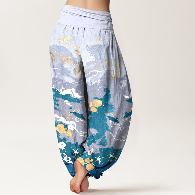 Buddha Stones Pantaloni harem da donna in cotone con motivo a onde e cielo, con elastico in vita. - image 1