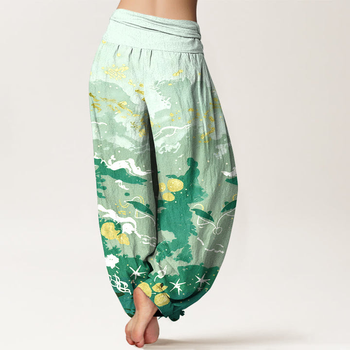 Buddha Stones Pantaloni harem da donna in cotone con motivo a onde e cielo, con elastico in vita. - image 6