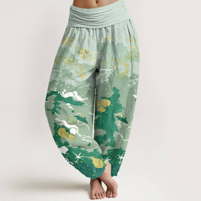 Buddha Stones Pantaloni harem da donna in cotone con motivo a onde e cielo, con elastico in vita. - Verde Mare Scuro - US16, UK/AU20, EU48 (3XL) - image 5