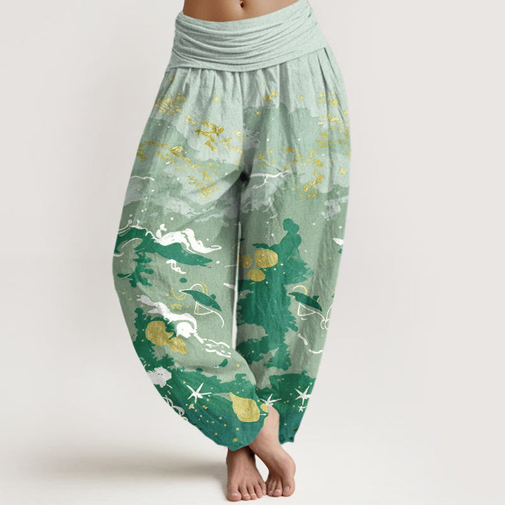 Buddha Stones Pantaloni harem da donna in cotone con motivo a onde e cielo, con elastico in vita. - Verde Mare Scuro - US16, UK/AU20, EU48 (3XL) - image 5