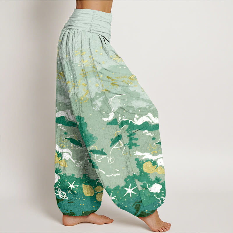 Buddha Stones Pantaloni harem da donna in cotone con motivo a onde e cielo, con elastico in vita. - image 7