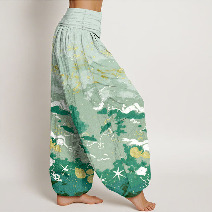 Buddha Stones Pantaloni harem da donna in cotone con motivo a onde e cielo, con elastico in vita. - image 7