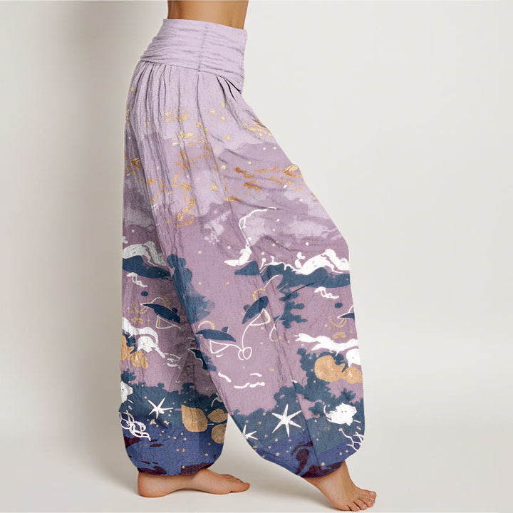 Buddha Stones Pantaloni harem da donna in cotone con motivo a onde e cielo, con elastico in vita. - image 10