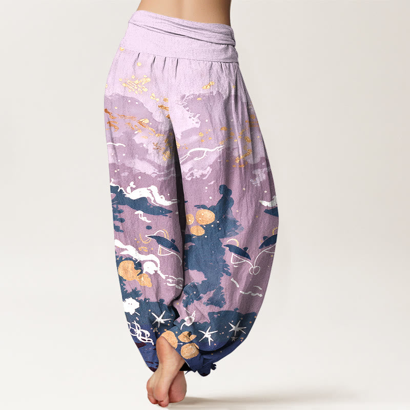 Buddha Stones Pantaloni harem da donna in cotone con motivo a onde e cielo, con elastico in vita. - image 9