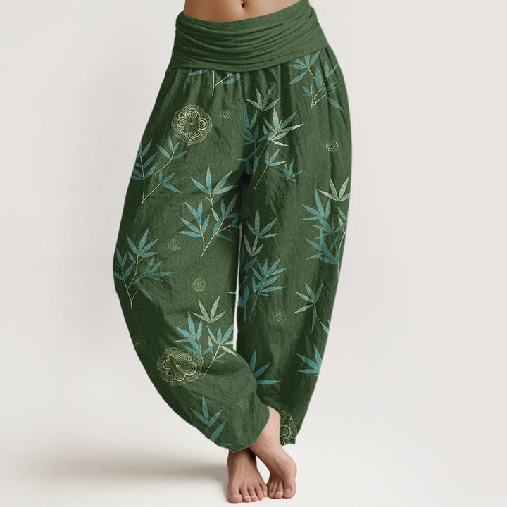 Buddha Stones Pantaloni harem da donna in cotone, bambù e bambù con motivo floreale geometrico e vita elasticizzata. - Verde studentesco - US16, UK/AU20, EU48 (3XL) - image 0