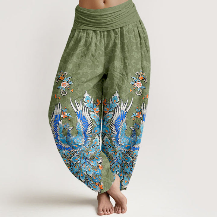 Buddha Stones Pantaloni harem da donna in cotone con motivo a fiori di pesco e fenice, con elastico in vita. - Verde oliva - US16, UK/AU20, EU48 (3XL) - image 8