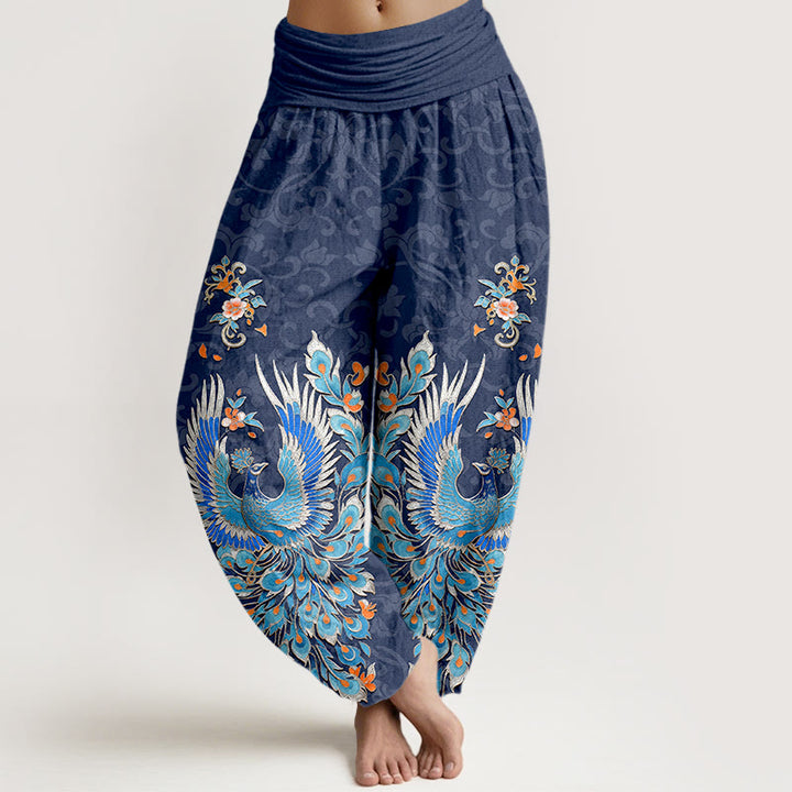 Buddha Stones Pantaloni harem da donna in cotone con motivo a fiori di pesco e fenice, con elastico in vita. - SteelBlue - US16, UK/AU20, EU48 (3XL) - image 0