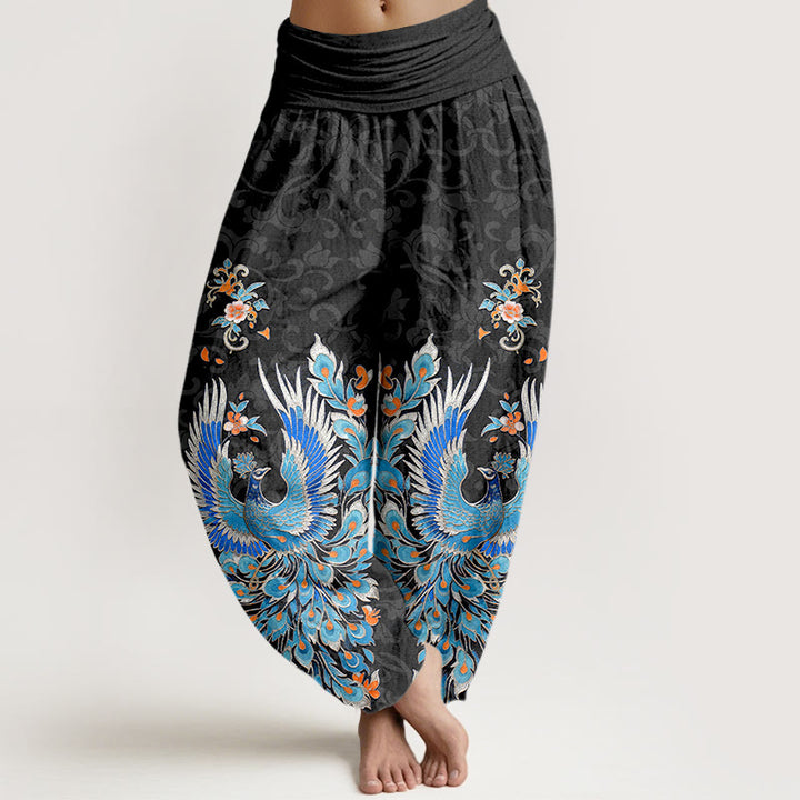 Buddha Stones Pantaloni harem da donna in cotone con motivo a fiori di pesco e fenice, con elastico in vita. - Nero - US16, UK/AU20, EU48 (3XL) - image 5